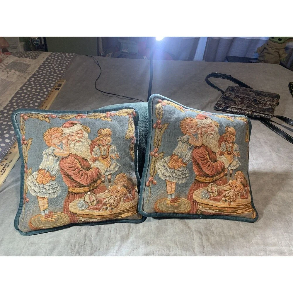 Vintage Needlepoint Tapestry~ Santa~ Child whispering~2 Blue Velvet Throw Pillow
